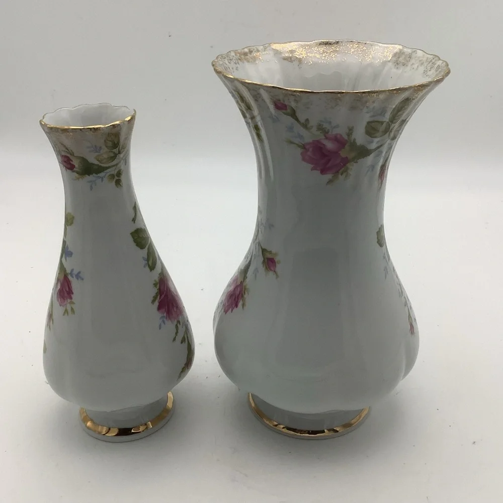 Two Vintage Chodziez Poland Floral Vases Gold Accents